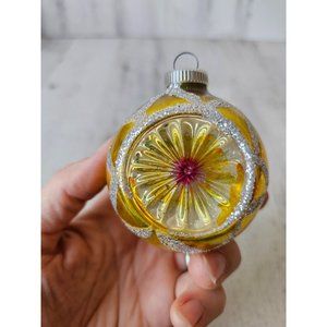 Vintage West Germany yellow indent glitter ball ornament reflector unique Xmas t